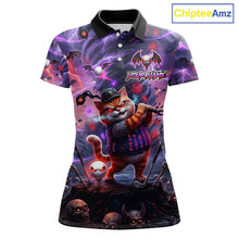 Load image into Gallery viewer, Personalized Womens Golf Polo Shirts Angry Cat Golfer Gothic Lightning Theme Team Name Shirt NHT803