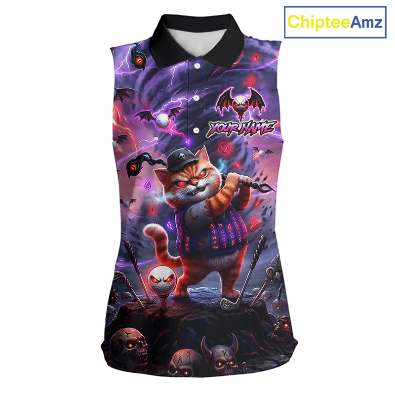 Personalized Sleeveless Women Golf Polo Shirts Angry Cat Golfer Gothic Lightning Theme Team Name Shirt NHT803