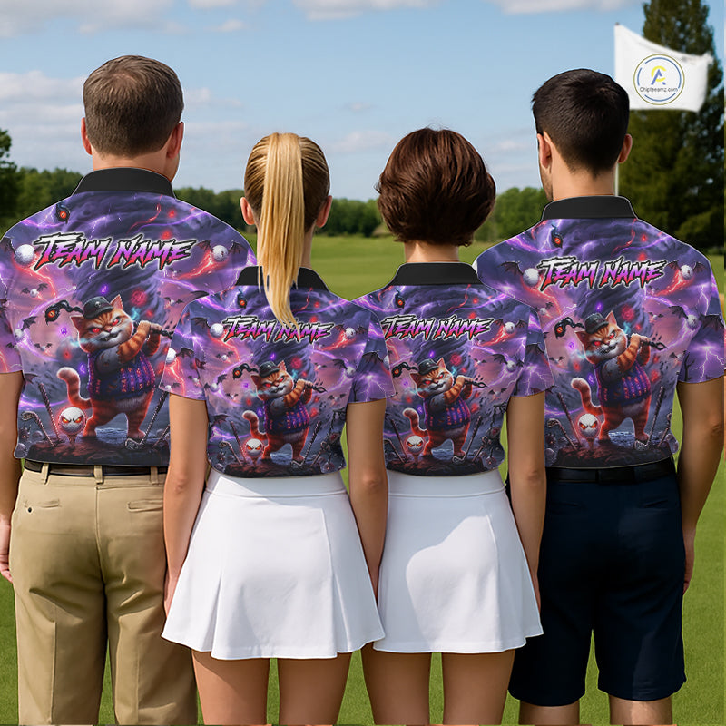 Personalized Womens Golf Polo Shirts Angry Cat Golfer Gothic Lightning Theme Team Name Shirt NHT803