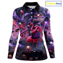 Load image into Gallery viewer, Personalized Womens Golf Polo Shirts Angry Flamingo Golfer Gothic Lightning Theme Team Name Shirt NHT804