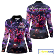 Load image into Gallery viewer, Personalized Womens Golf Polo Shirts Angry Flamingo Golfer Gothic Lightning Theme Team Name Shirt NHT804