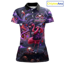 Load image into Gallery viewer, Personalized Womens Golf Polo Shirts Angry Flamingo Golfer Gothic Lightning Theme Team Name Shirt NHT804