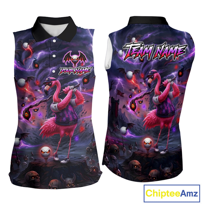 Personalized Sleeveless Women Golf Polo Shirts Angry Flamingo Golfer Gothic Lightning Theme Team Name Shirt NHT804