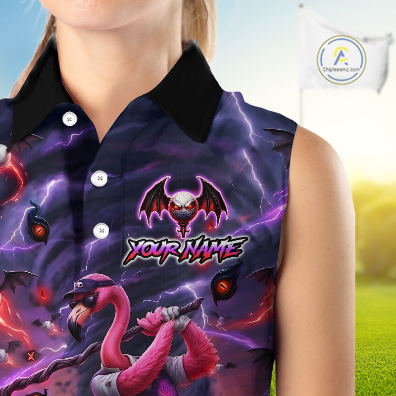 Personalized Sleeveless Women Golf Polo Shirts Angry Flamingo Golfer Gothic Lightning Theme Team Name Shirt NHT804