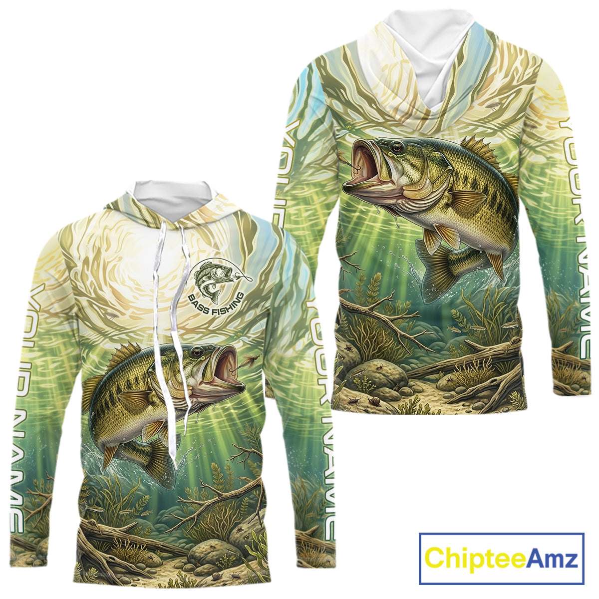 Largemouth Bass Fishing Jerseys For Men, Personalized Bass Long Sleeve Hooded Fishing Shirts NHT807