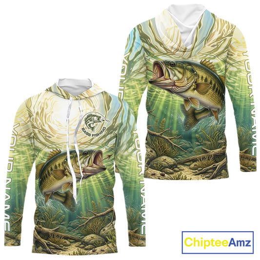 Largemouth Bass Fishing Jerseys For Men, Personalized Bass Long Sleeve Hooded Fishing Shirts NHT807