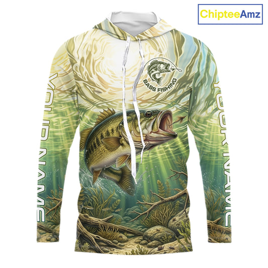 Largemouth Bass Fishing Jerseys For Men, Personalized Bass Long Sleeve Hooded Fishing Shirts NHT807