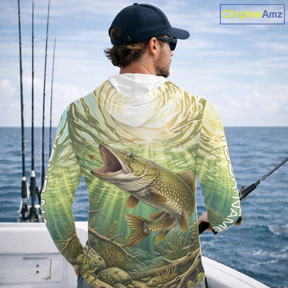 Northern Pike Fishing Jerseys For Men, Personalized Northern Pike Long Sleeve Hooded Fishing Shirts NHT808