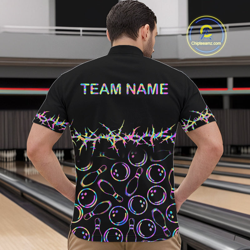 Personalized Bowling Shirt Black Neon Bowling Ball Custom Team Polo For Men NHT1269