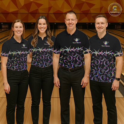 Personalized Bowling Shirt Black Neon Bowling Ball Custom Team Polo For Men NHT1269
