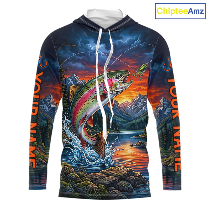 Personalized Rainbow Trout Hooded Fishing Shirt, Mountain River Fishing Jersey, Custom Team Shirt NHT1579