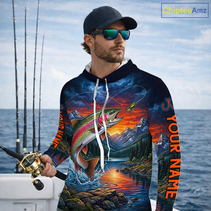 Personalized Rainbow Trout Hooded Fishing Shirt, Mountain River Fishing Jersey, Custom Team Shirt NHT1579