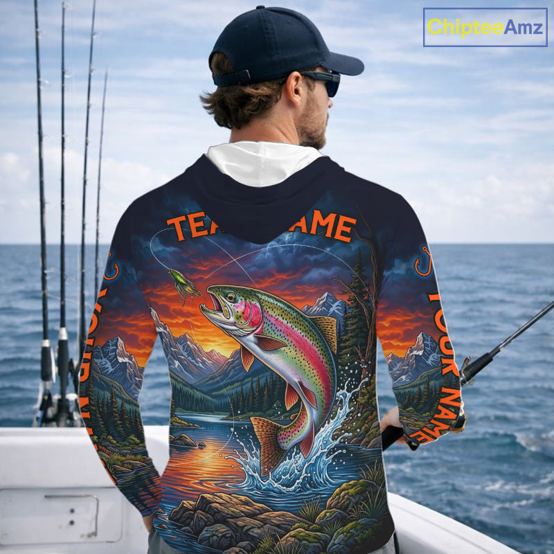 Personalized Rainbow Trout Hooded Fishing Shirt, Mountain River Fishing Jersey, Custom Team Shirt NHT1579