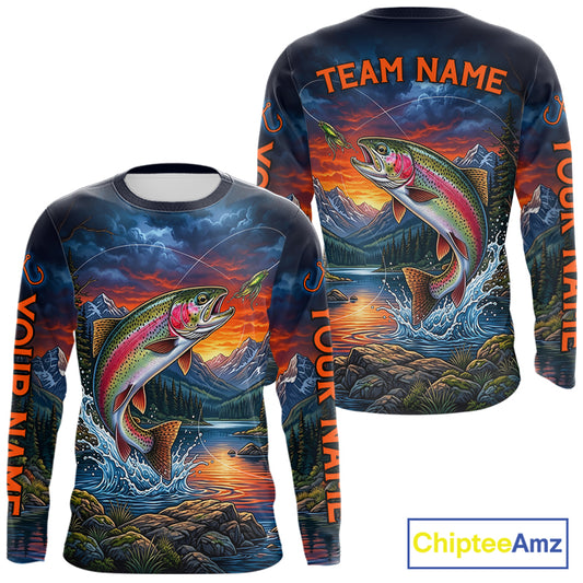 Personalized Rainbow Trout Fishing Shirt, Mountain River Fishing Jersey, Custom Team Shirt NHT1579