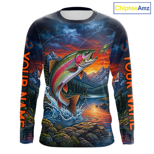 Personalized Rainbow Trout Fishing Shirt, Mountain River Fishing Jersey, Custom Team Shirt NHT1579