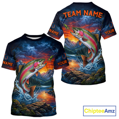 Personalized Rainbow Trout Fishing Shirt Short Sleeve, Mountain River Fishing Jersey, Custom Team Shirt NHT1579