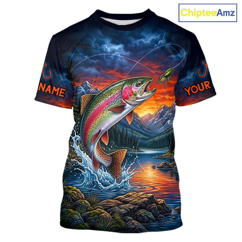 Personalized Rainbow Trout Fishing Shirt Short Sleeve, Mountain River Fishing Jersey, Custom Team Shirt NHT1579