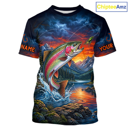 Personalized Rainbow Trout Fishing Shirt Short Sleeve, Mountain River Fishing Jersey, Custom Team Shirt NHT1579