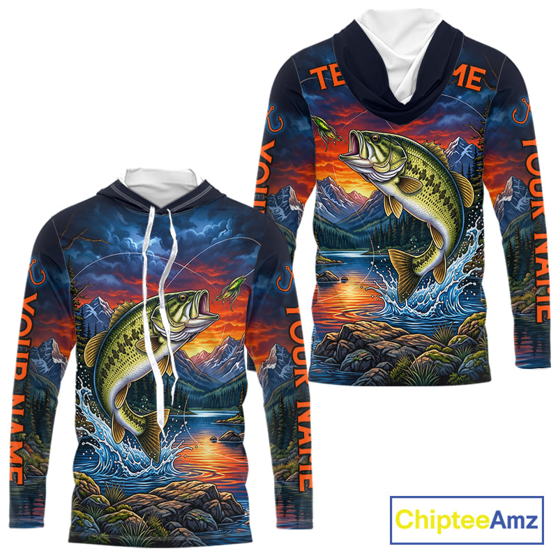 Personalized Largemouth Bass Hooded Fishing Shirt, Mountain River Fishing Jersey, Custom Team Shirt NHT1580