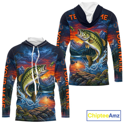 Personalized Largemouth Bass Hooded Fishing Shirt, Mountain River Fishing Jersey, Custom Team Shirt NHT1580
