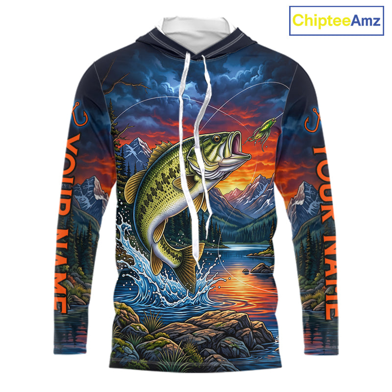 Personalized Largemouth Bass Hooded Fishing Shirt, Mountain River Fishing Jersey, Custom Team Shirt NHT1580