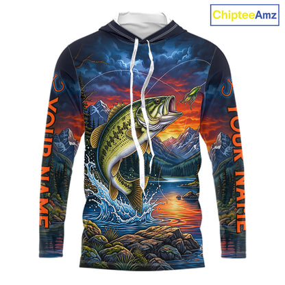 Personalized Largemouth Bass Hooded Fishing Shirt, Mountain River Fishing Jersey, Custom Team Shirt NHT1580