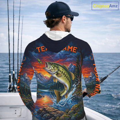 Personalized Largemouth Bass Hooded Fishing Shirt, Mountain River Fishing Jersey, Custom Team Shirt NHT1580