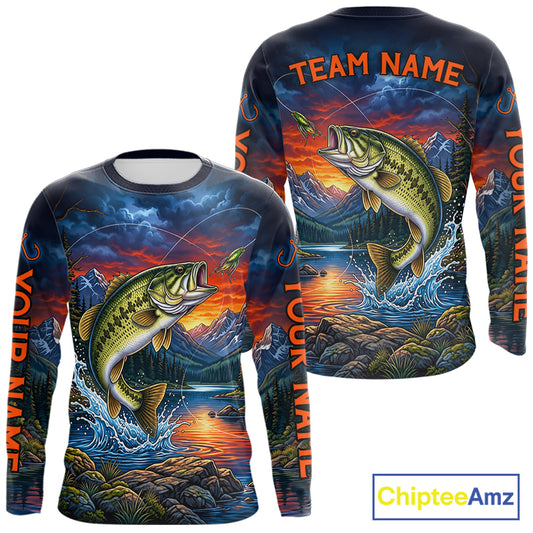 Personalized Largemouth Bass Fishing Shirt, Mountain River Fishing Jersey, Custom Team Shirt NHT1580