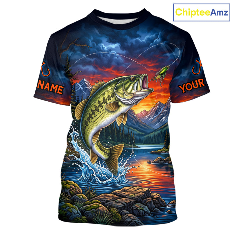 Personalized Largemouth Bass Fishing Shirt Short Sleeve, Mountain River Fishing Jersey, Custom Team Shirt NHT1580