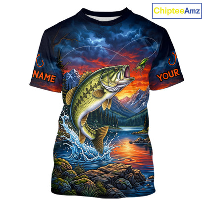 Personalized Largemouth Bass Fishing Shirt Short Sleeve, Mountain River Fishing Jersey, Custom Team Shirt NHT1580