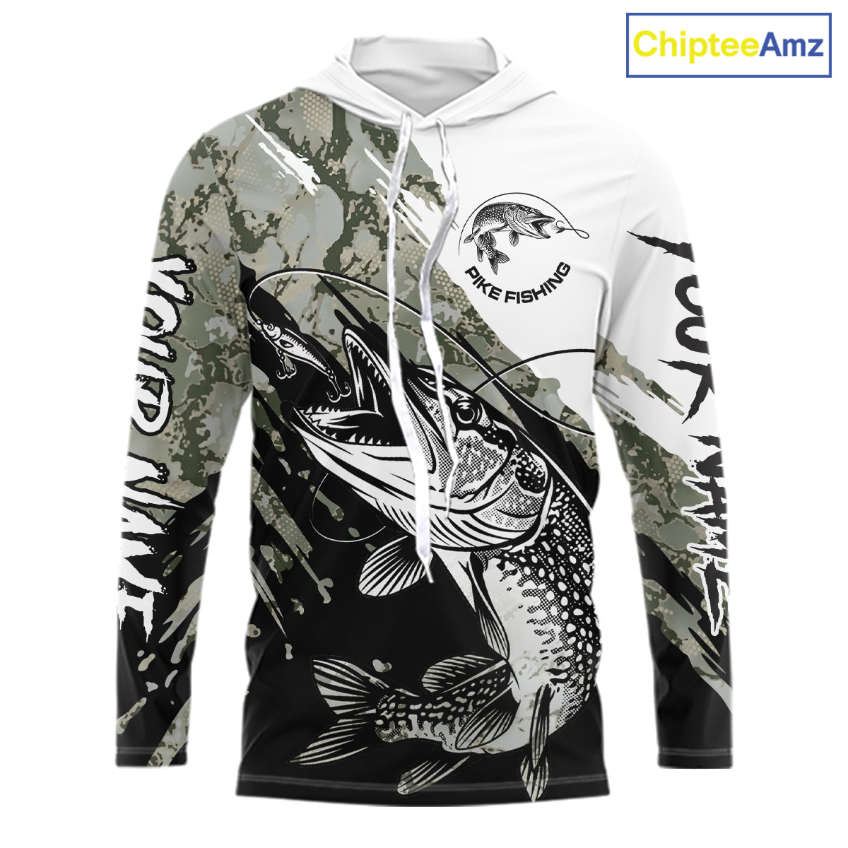 Personalized Gray Camo Northern Pike Fishing Jersey, Team Pike Fishing Long Sleeve Hooded Tournament Shirt NHT816