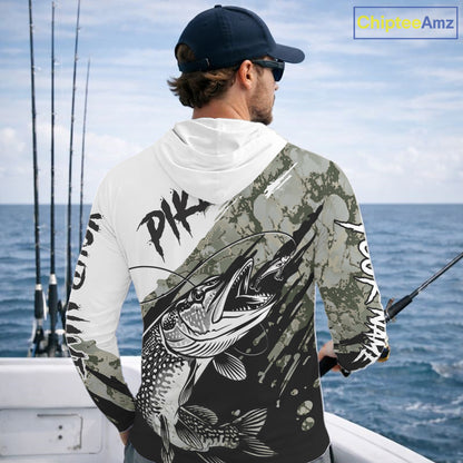 Personalized Gray Camo Northern Pike Fishing Jersey, Team Pike Fishing Long Sleeve Hooded Tournament Shirt NHT816