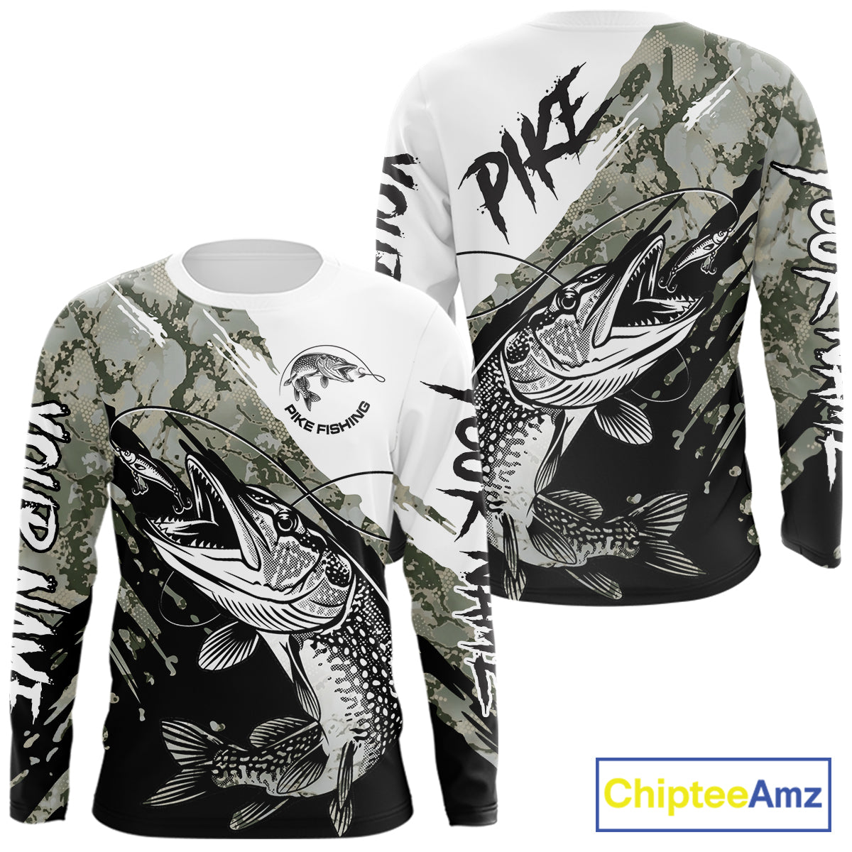 Personalized Gray Camo Northern Pike Fishing Jersey, Team Pike Fishing Long Sleeve Tournament Shirt NHT816