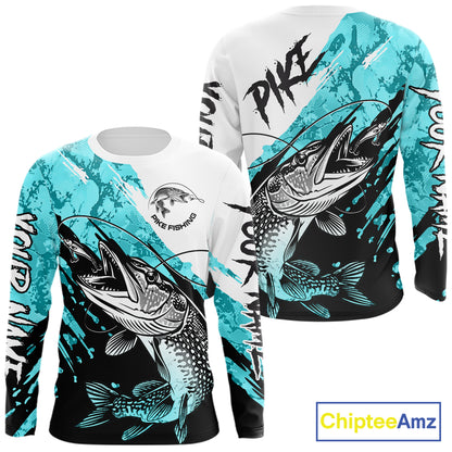 Personalized Turquoise Northern Pike Fishing Jersey, Team Pike Fishing Long Sleeve Shirt NHT817