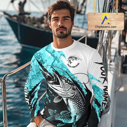 Personalized Turquoise Northern Pike Fishing Jersey, Team Pike Fishing Long Sleeve Shirt NHT817