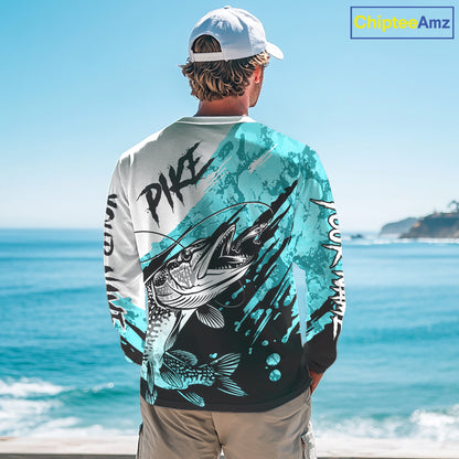 Personalized Turquoise Northern Pike Fishing Jersey, Team Pike Fishing Long Sleeve Shirt NHT817