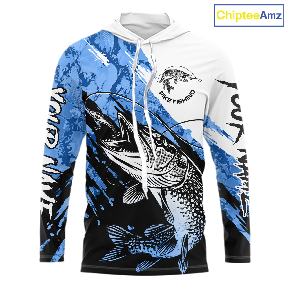 Personalized Blue Northern Pike Fishing Jersey, Team Pike Fishing Long Sleeve Hooded Tournament Shirt NHT818