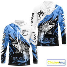 Load image into Gallery viewer, Personalized Blue Northern Pike Fishing Jersey, Team Pike Fishing Long Sleeve Hooded Tournament Shirt NHT818