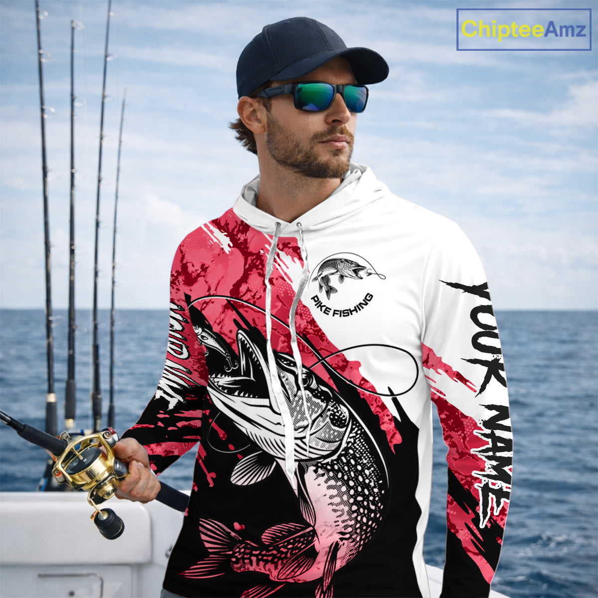 Personalized Red Northern Pike Fishing Jersey, Team Pike Fishing Long Sleeve Hooded Tournament Shirt NHT819