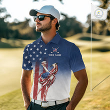 Load image into Gallery viewer, Man on a golf course wearing a custom polo shirt with an American flag design.