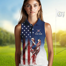 Load image into Gallery viewer, Person wearing a custom polo shirt with an American flag design and golf club, on a golf course background.