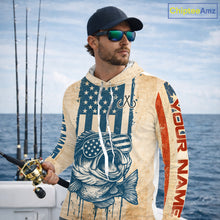 Load image into Gallery viewer, Custom Vintage Bass Funny Hooded Long Sleeve Fishing Shirt For Men, Bass Patriotic Fishing Shirt NHT601