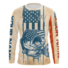 Load image into Gallery viewer, Custom Vintage Bass Funny Long Sleeve Fishing Shirt For Men,  Bass Patriotic Fishing Shirt NHT601