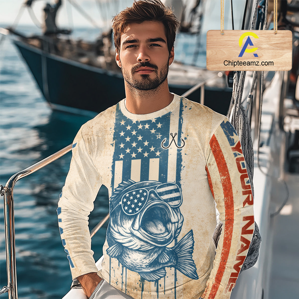Custom Vintage Bass Funny Long Sleeve Fishing Shirt For Men,  Bass Patriotic Fishing Shirt NHT601