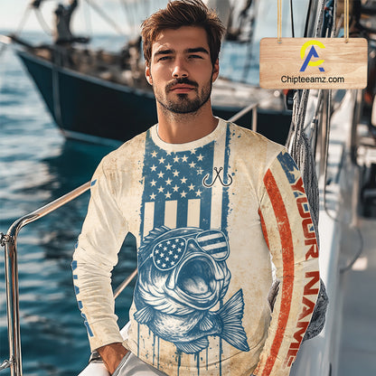 Custom Vintage Bass Funny Long Sleeve Fishing Shirt For Men,  Bass Patriotic Fishing Shirt NHT601