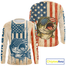 Load image into Gallery viewer, Custom Vintage Bass Funny Long Sleeve Fishing Shirt For Men,  Bass Patriotic Fishing Shirt NHT601