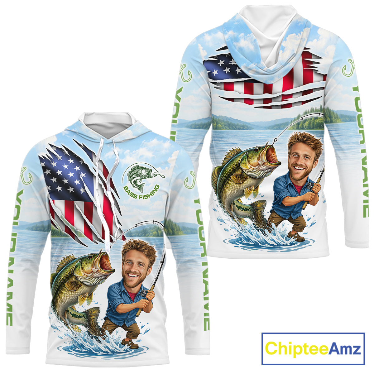 Personalized Bass Fishing Shirts Long Sleeve Hooded Custom Face Bass Fishing Patriot Shirt  NHT604
