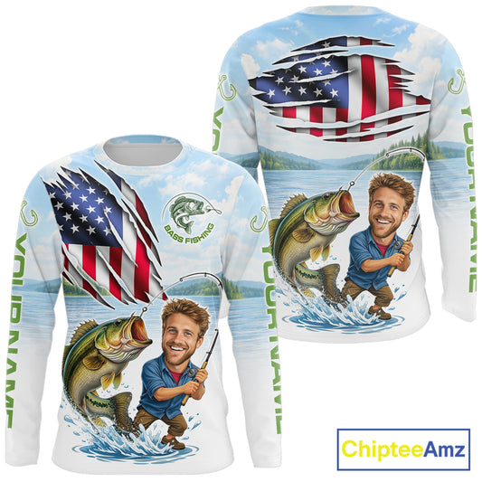 Personalized Bass Fishing Shirts Long Sleeve Custom Face Bass Fishing Patriot Shirt NHT604