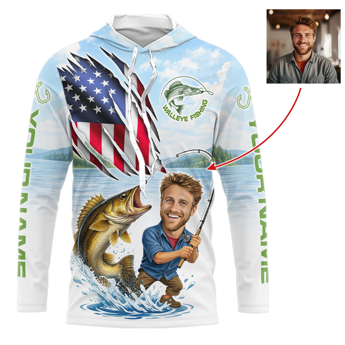 Personalized Walleye Fishing Shirts Hooded Long Sleeve Custom Face Walleye Fishing Patriot Shirt  NHT605