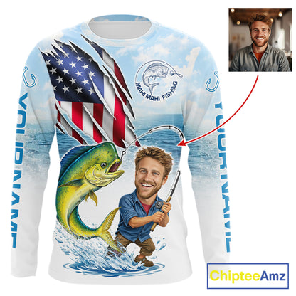 Personalized Mahi Mahi Fishing Shirts Long Sleeve Custom Face Mahi Mahi Fishing Patriot Shirt NHT606